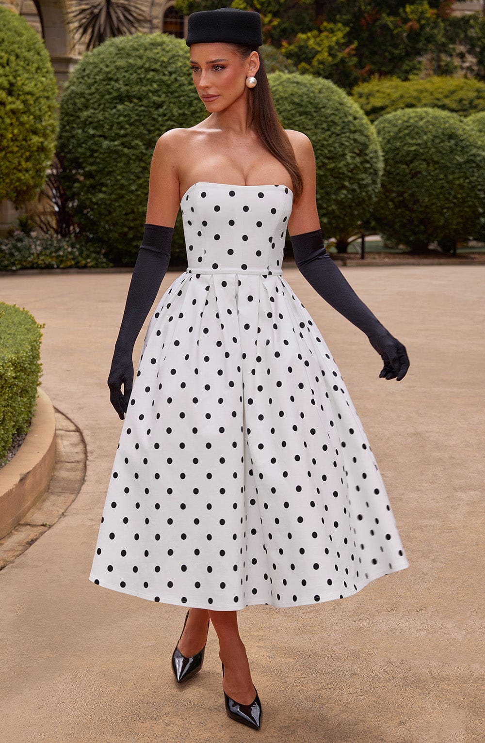 Strapless Dot Print Black White Dress