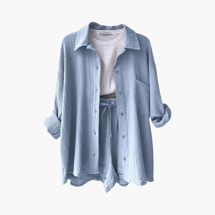 Lara™ - Bekväm Lös Button Top Och Kort 2-delat Set