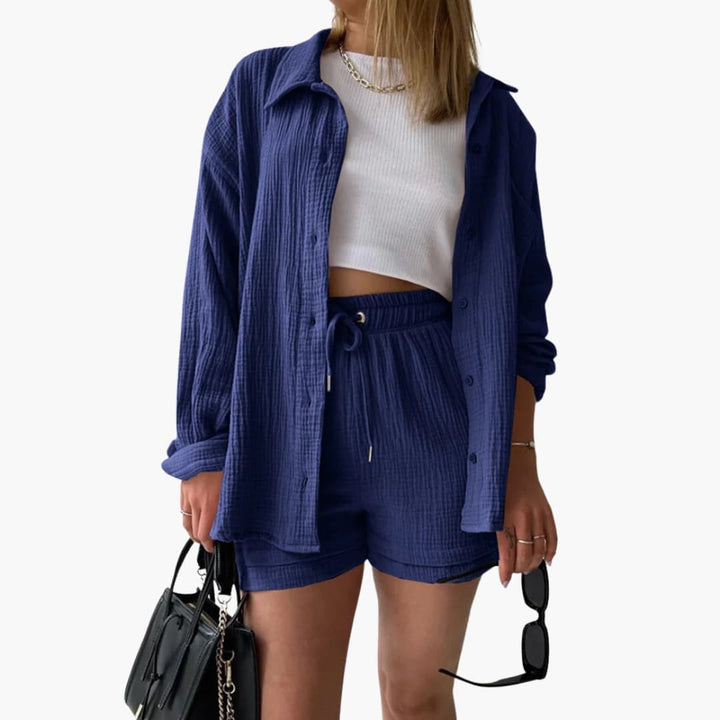 Lara™ - Bekväm Lös Button Top Och Kort 2-delat Set