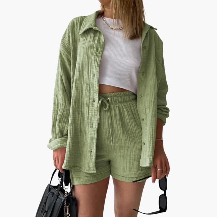 Lara™ - Bekväm Lös Button Top Och Kort 2-delat Set