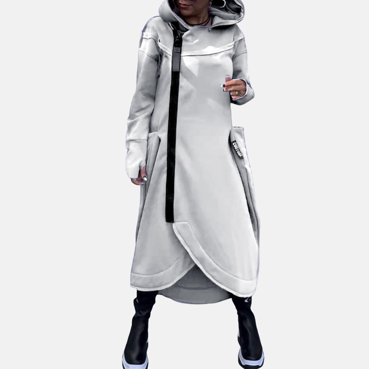 Veyra™ – Elegant Lång Kofta med Huv­a och Asymmetrisk Dragkedja