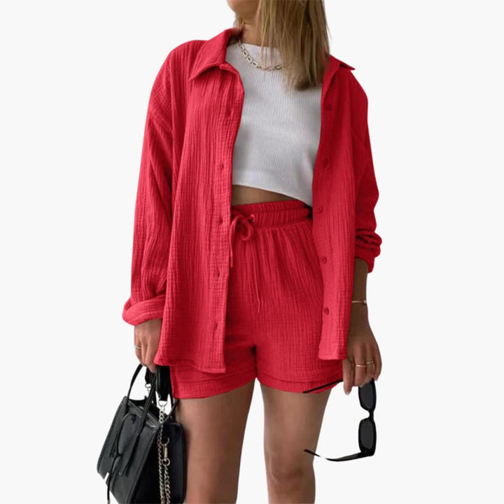 Lara™ - Bekväm Lös Button Top Och Kort 2-delat Set