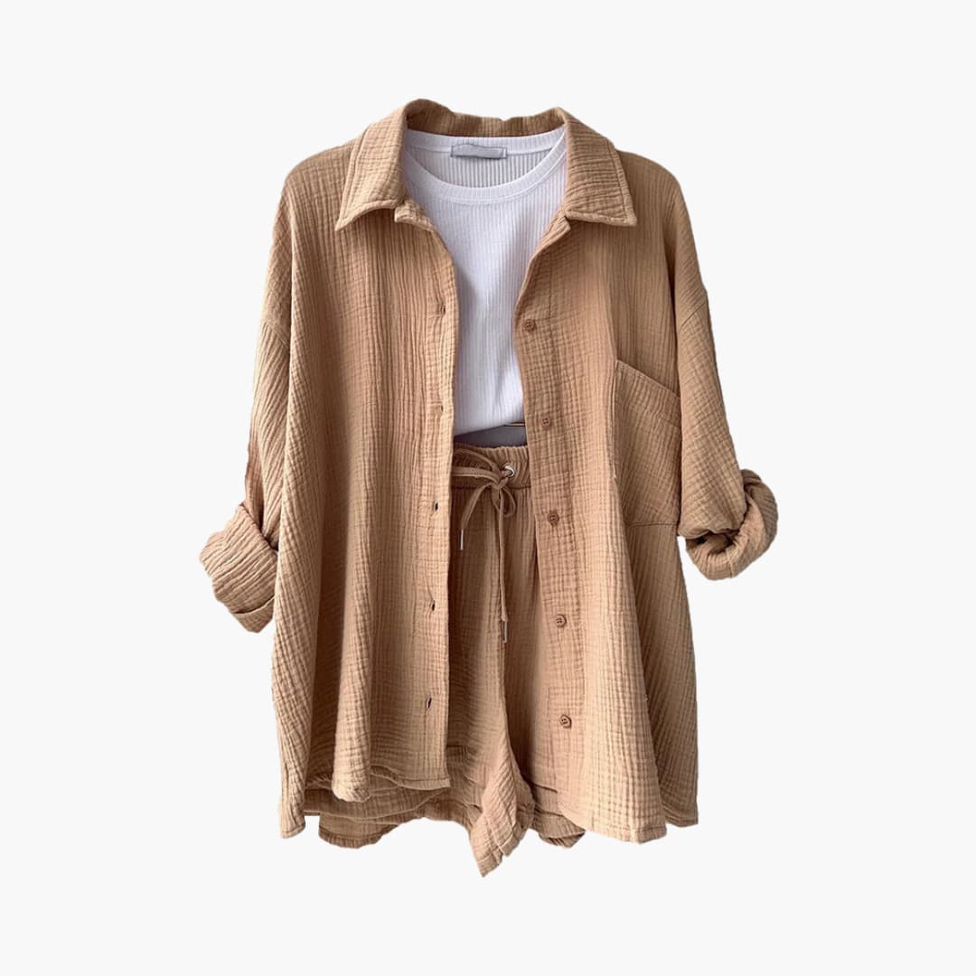 Lara™ - Bekväm Lös Button Top Och Kort 2-delat Set