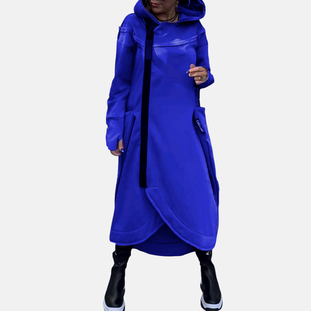 Veyra™ – Elegant Lång Kofta med Huv­a och Asymmetrisk Dragkedja