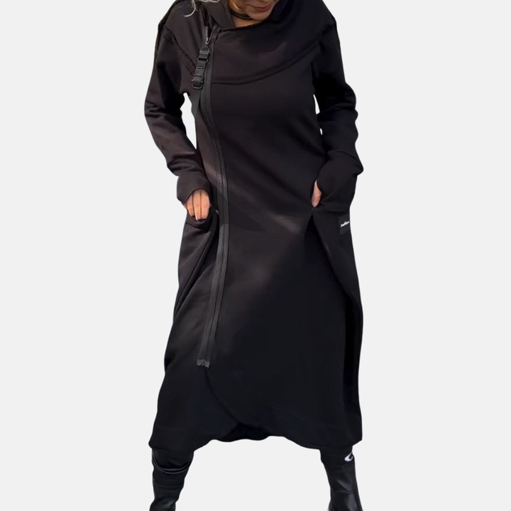 Veyra™ – Elegant Lång Kofta med Huv­a och Asymmetrisk Dragkedja